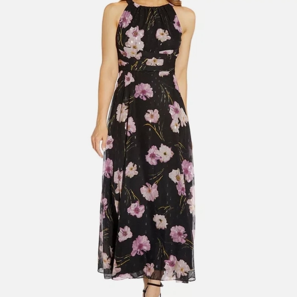 Adrianna Papell Black Pink Metallic Floral Chiffon Plus Size Maxi Dress